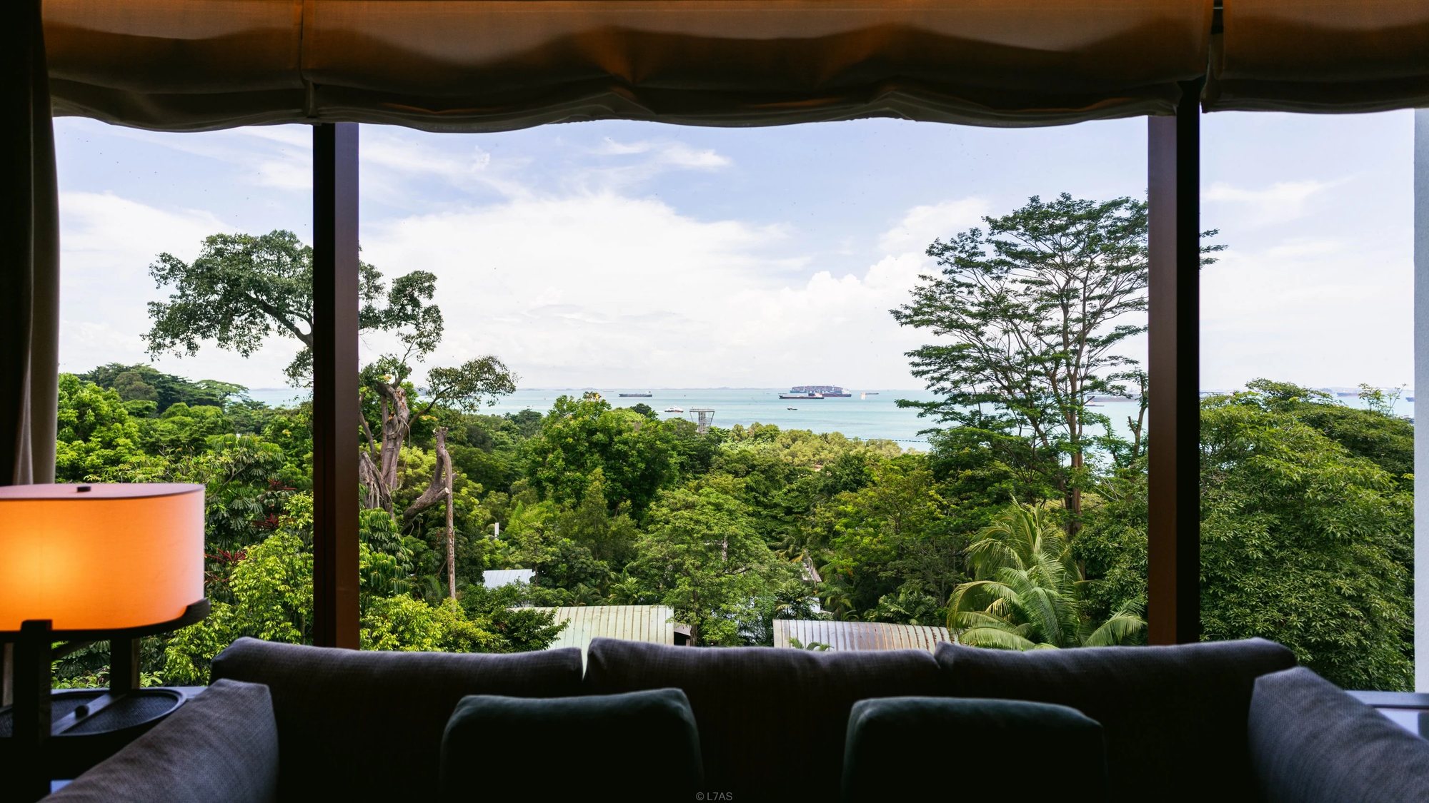 The view from the room over treetops to the sea