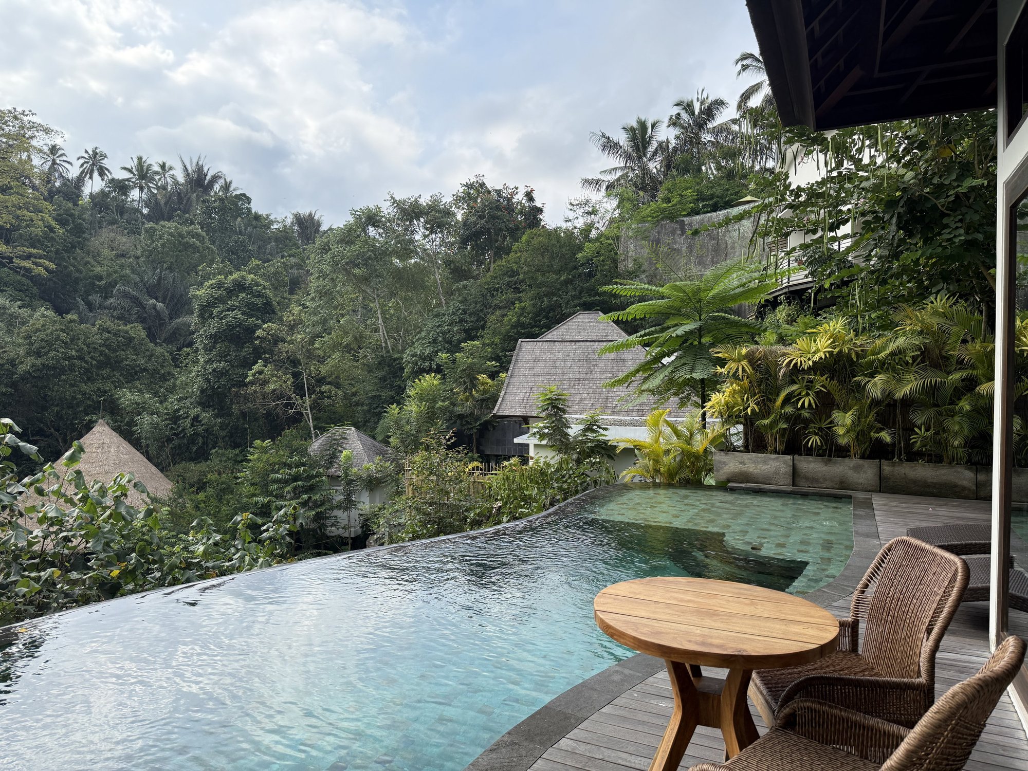 A villa's infinity pool above the jungle valley, with thatched roofs below