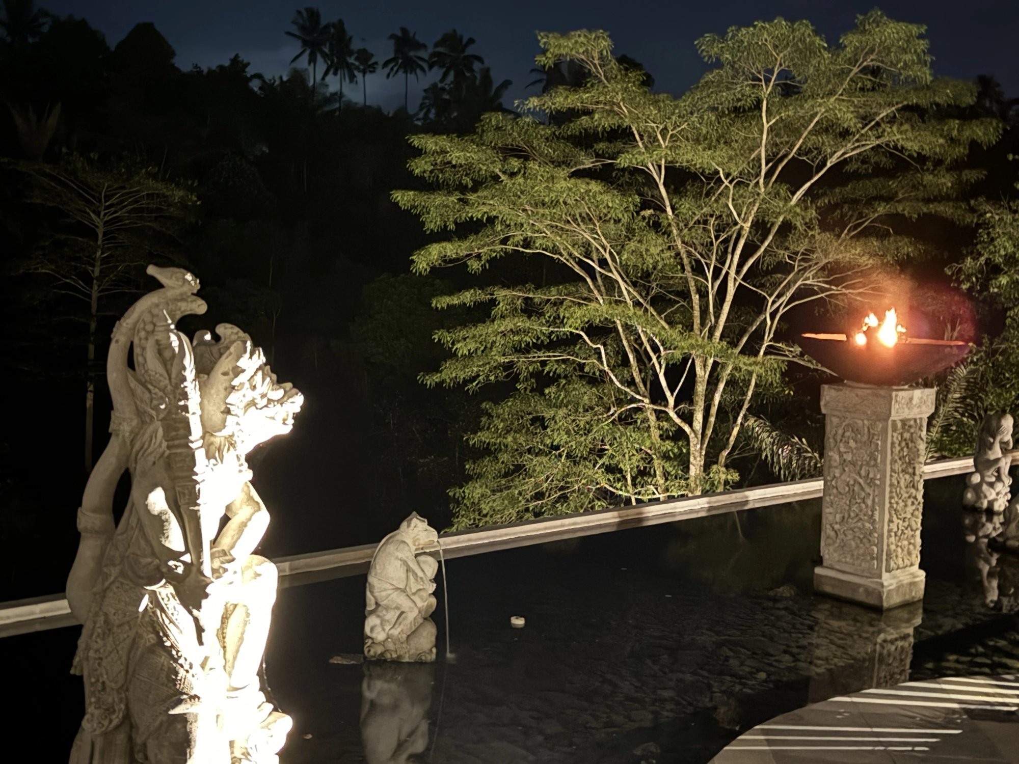 A stone statue and fire bowl at the edge of the pool at night