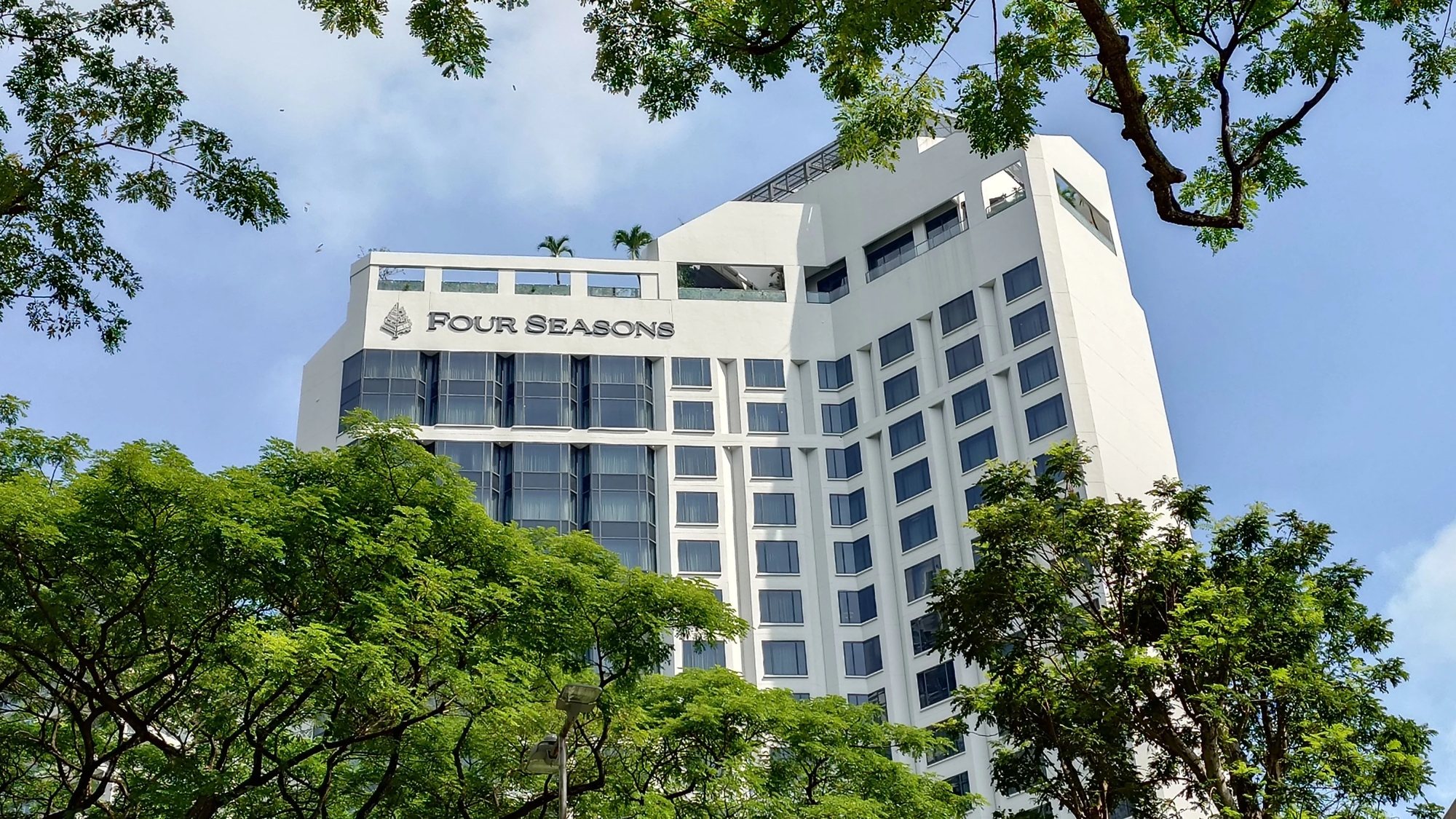 The hotel tower above the trees on Orchard Boulevard