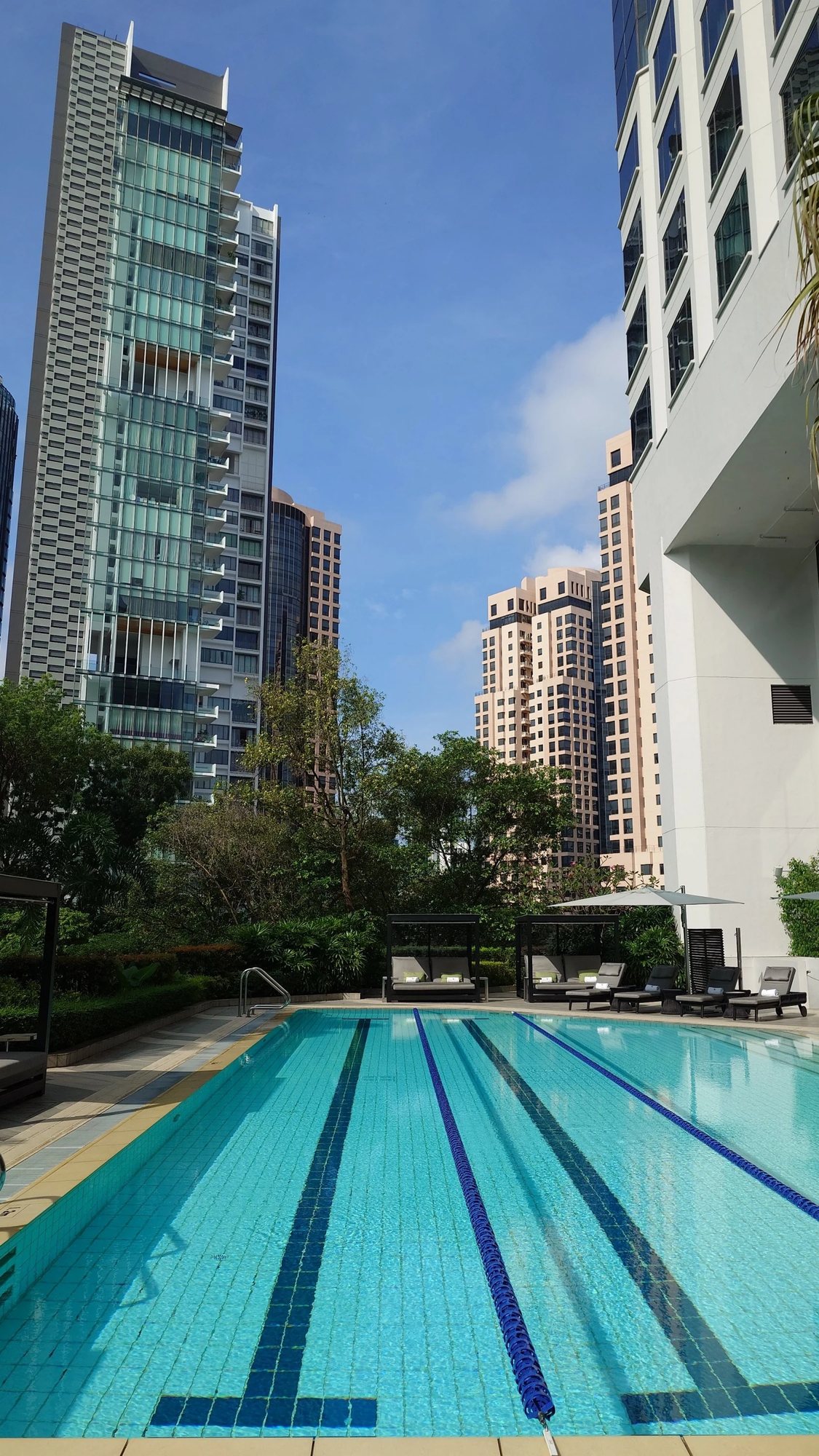 The lap pool lanes with towers behind