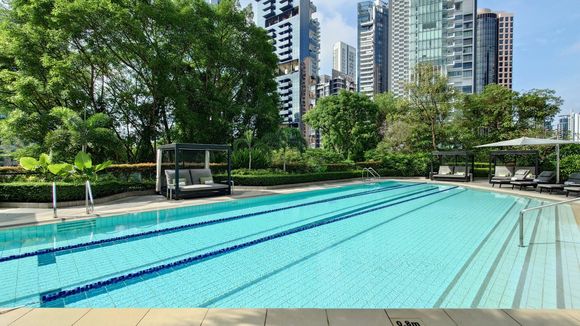 The pool, cabanas and garden