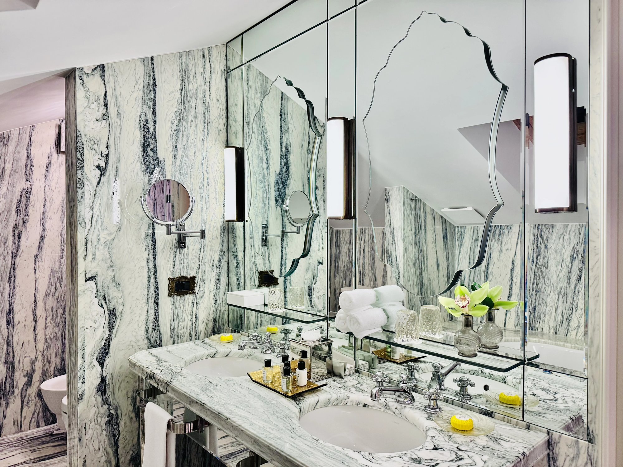 The marble vanity and mirror