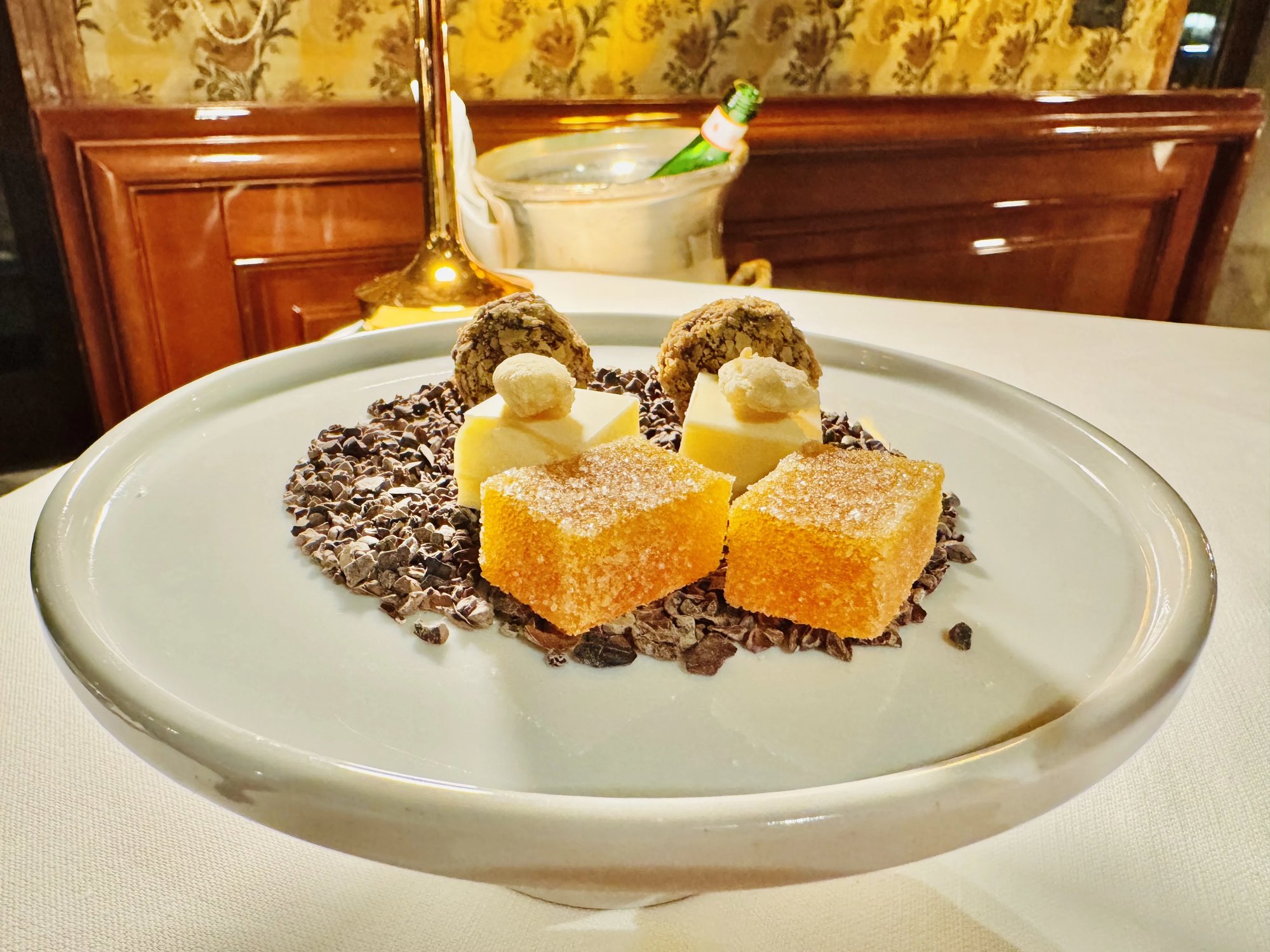 Dessert with chocolate and orange confections