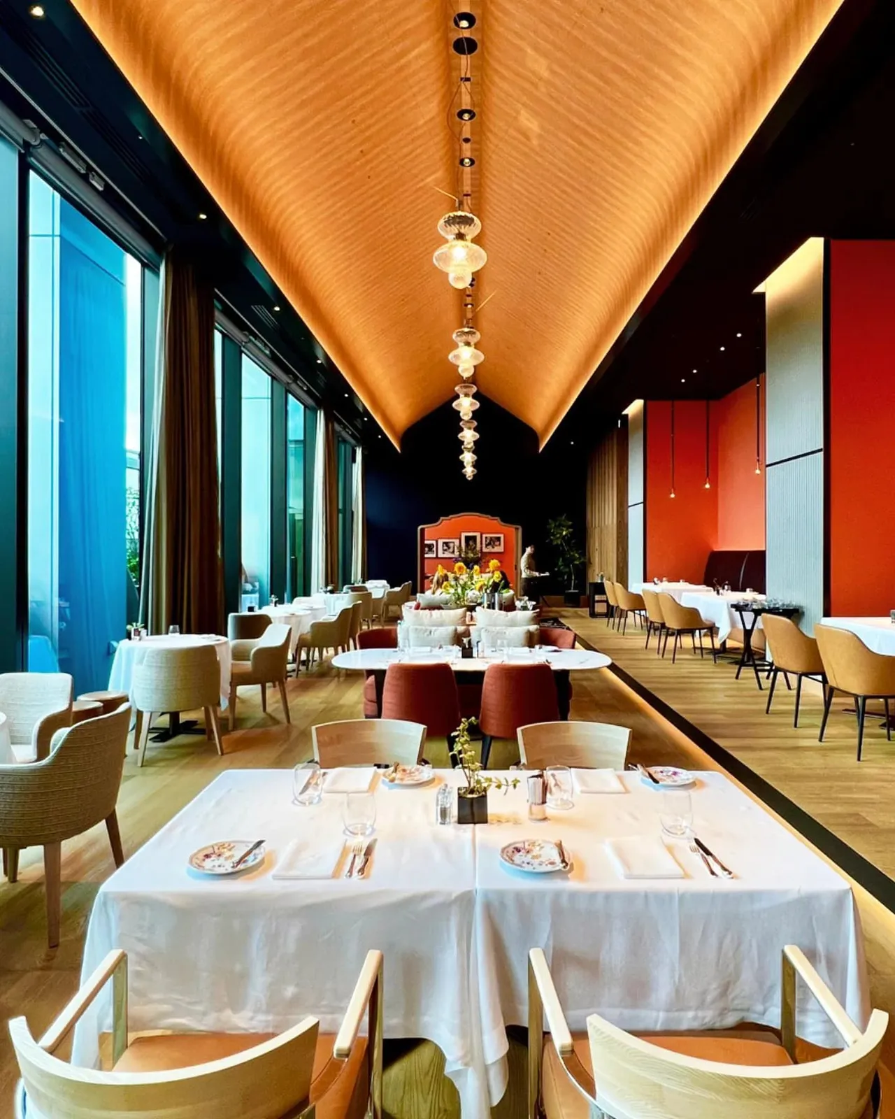 Il Ristorante's long dining room under a copper ceiling
