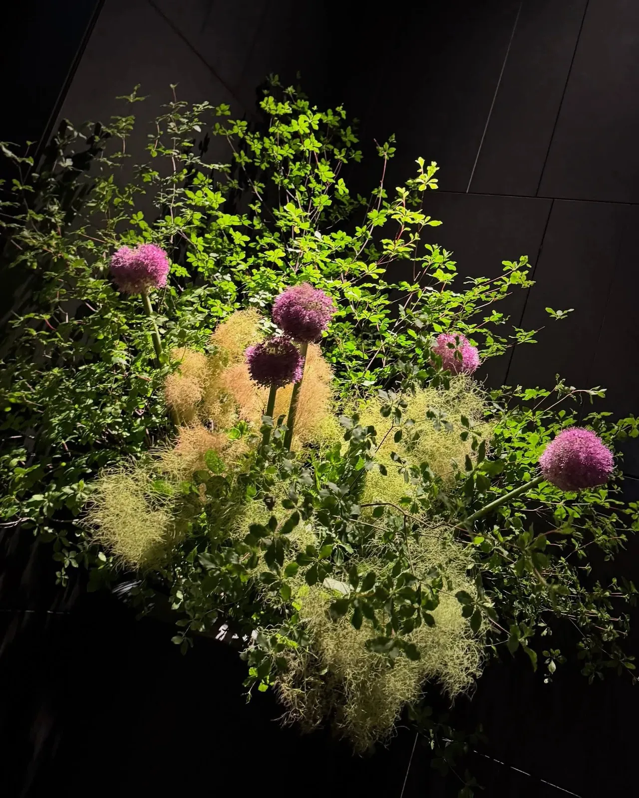 A wild flower arrangement of alliums and greenery glowing against dark panelling in the lobby