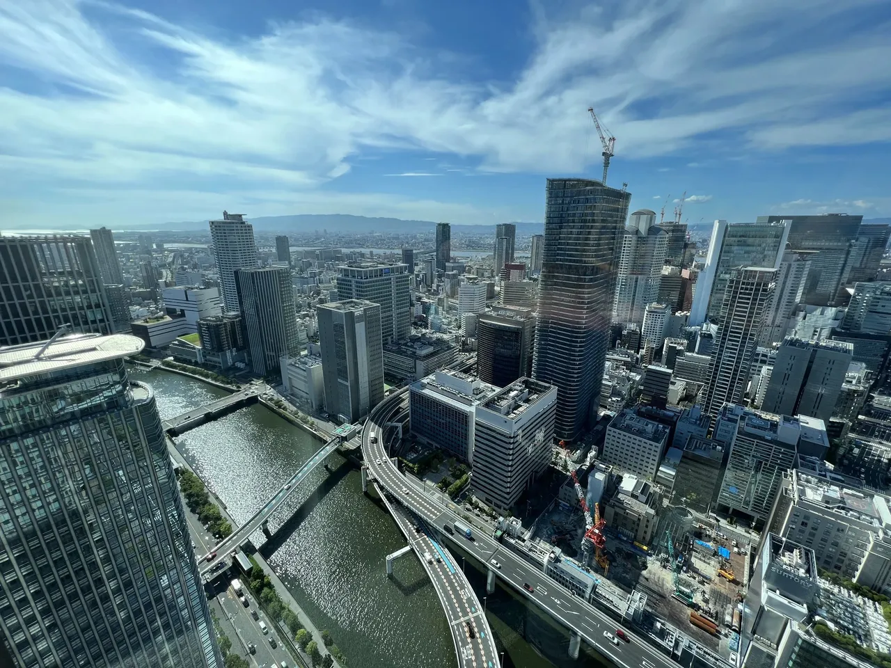 The Yodo river and towers from the corner room in daylight