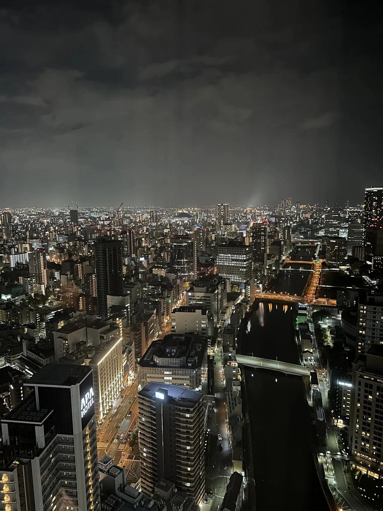 Osaka's lights and the river at night from the room