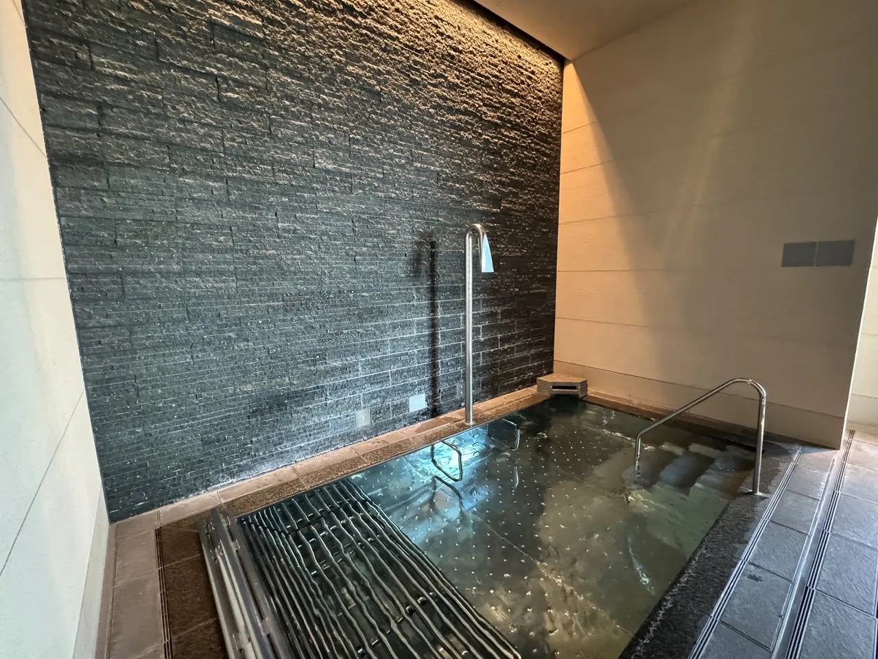 The plunge pool against a dark stone wall