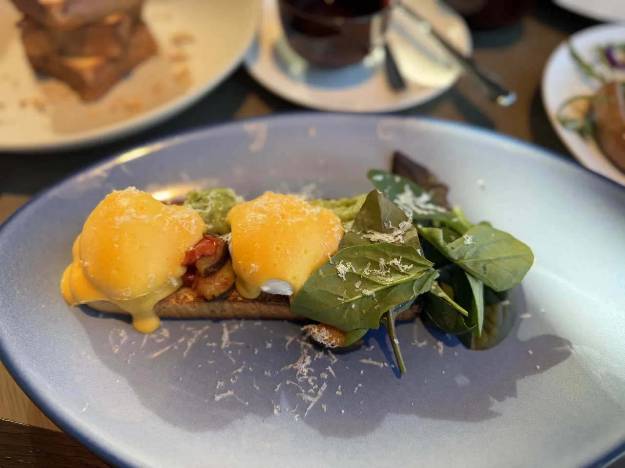 Eggs Benedict on spinach at breakfast