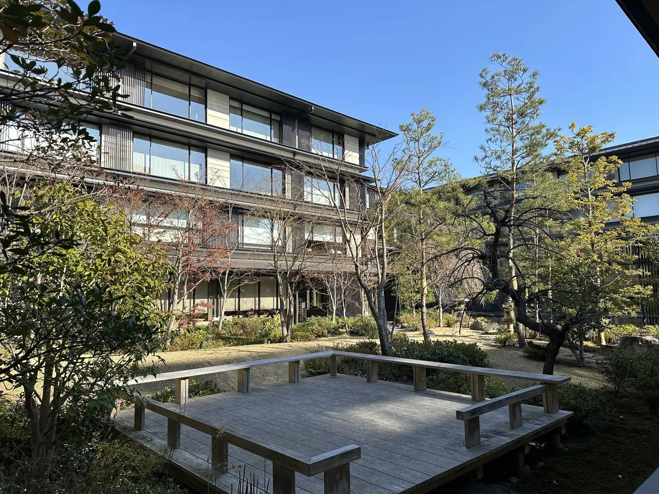 The courtyard garden with a timber deck, pines and the hotel behind