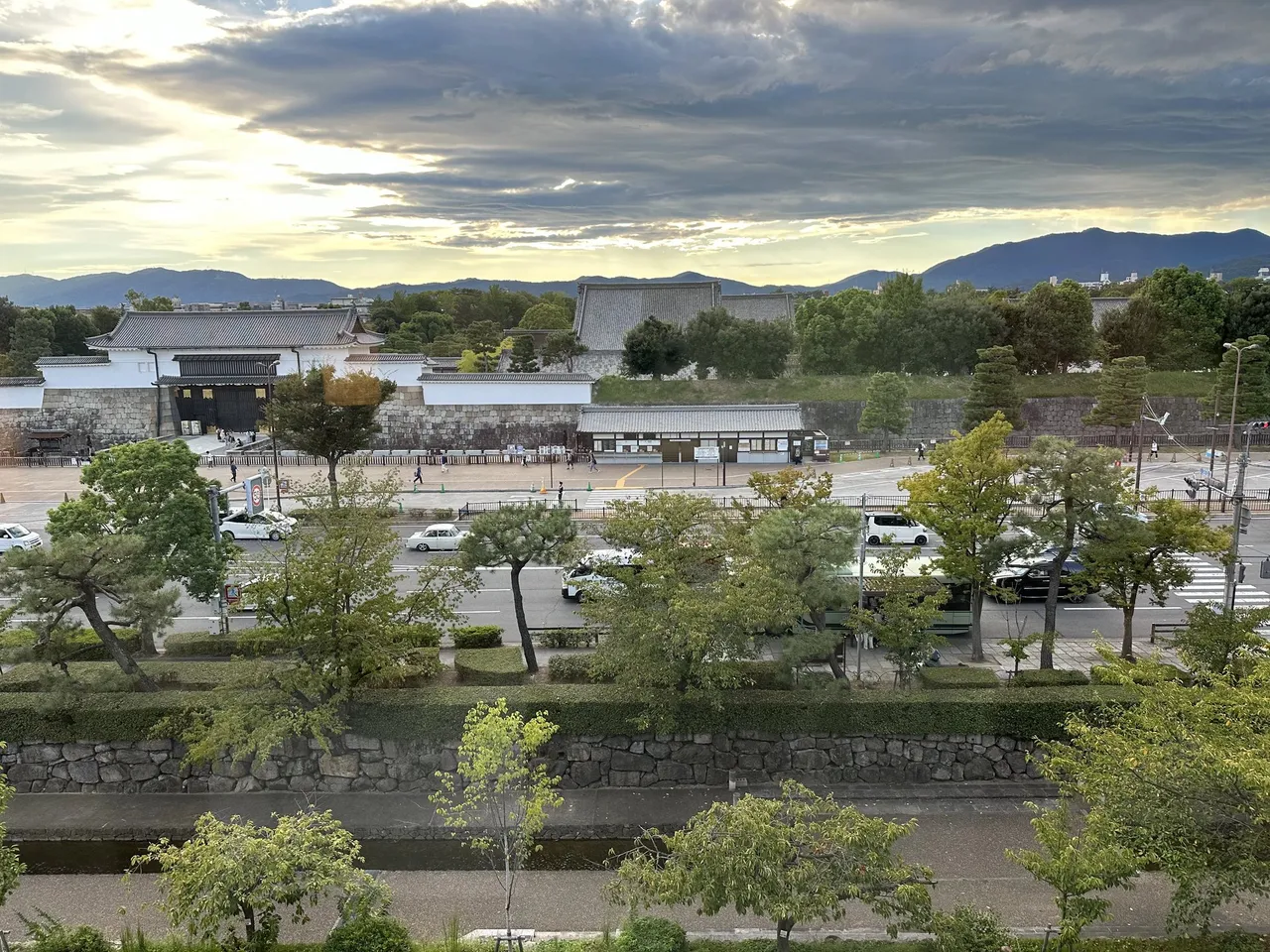 The view from the room window over the Nijo Castle moat and gate at sunset