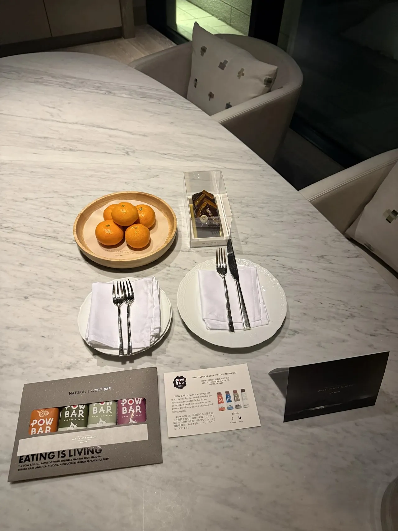 Welcome snacks on the marble table