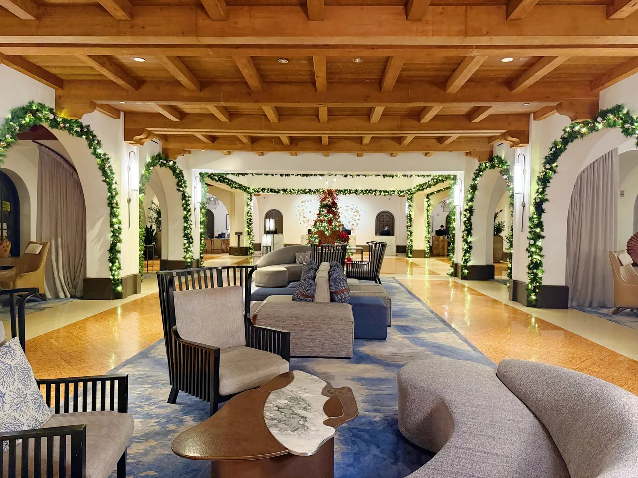 The timber-beamed public lounge with long seating areas