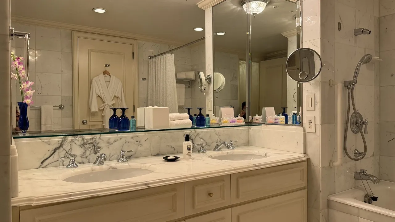 Marble bathroom with double basins and a long mirror
