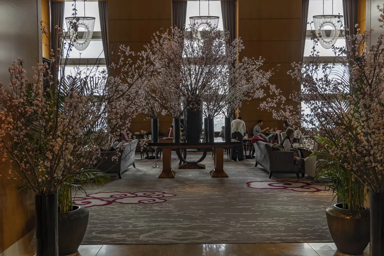 Cherry blossom arrangements in the lobby beside tall windows